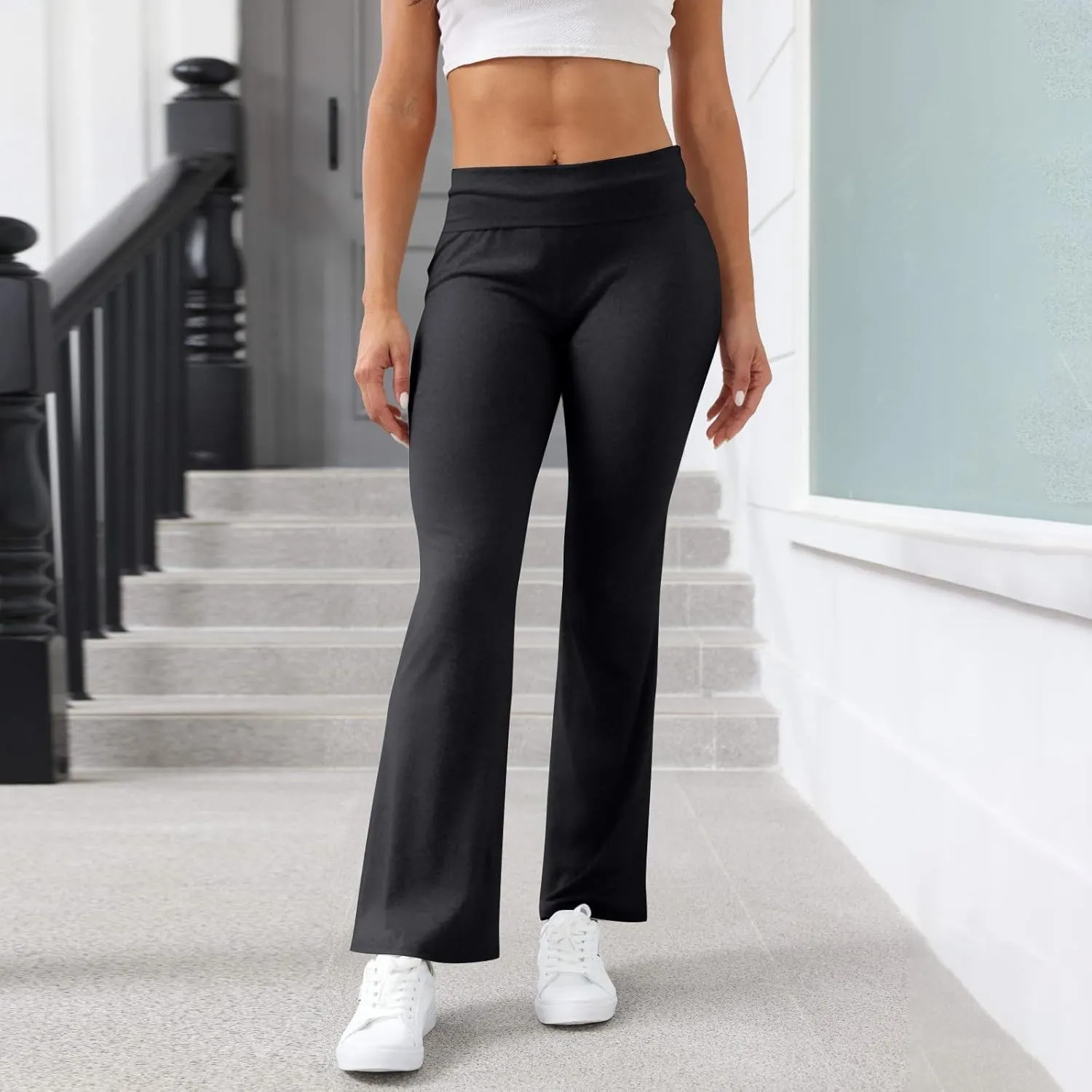 Flare Yoga Pants for Women Fold Over Cotton Stretch Low Rise Elastic Waist Pants Bootcut Leggings Bell Bottoms