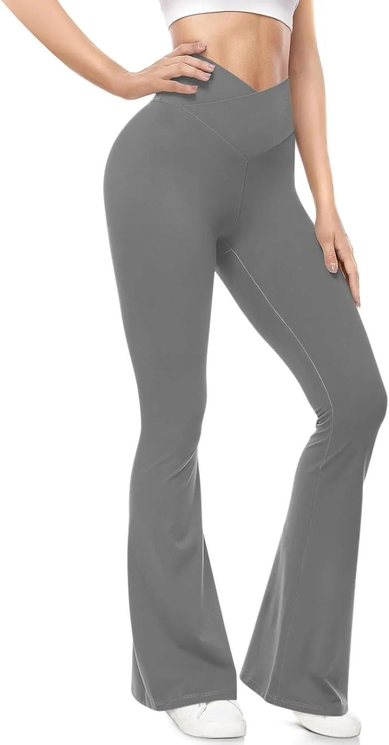 Flared Yoga Pants Women Crossover V Waist Leggings Elastic High Waisted Bootcut Bell Bottoms Stretch Workout Slim Fit Pants