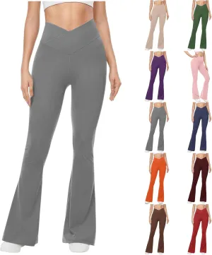 Flared Yoga Pants Women Crossover V Waist Leggings Elastic High Waisted Bootcut Bell Bottoms Stretch Workout Slim Fit Pants