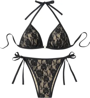 Floerns Women's Plus Size Floral Mesh Triangle Bikini Set String Tie Side Bathing Suit