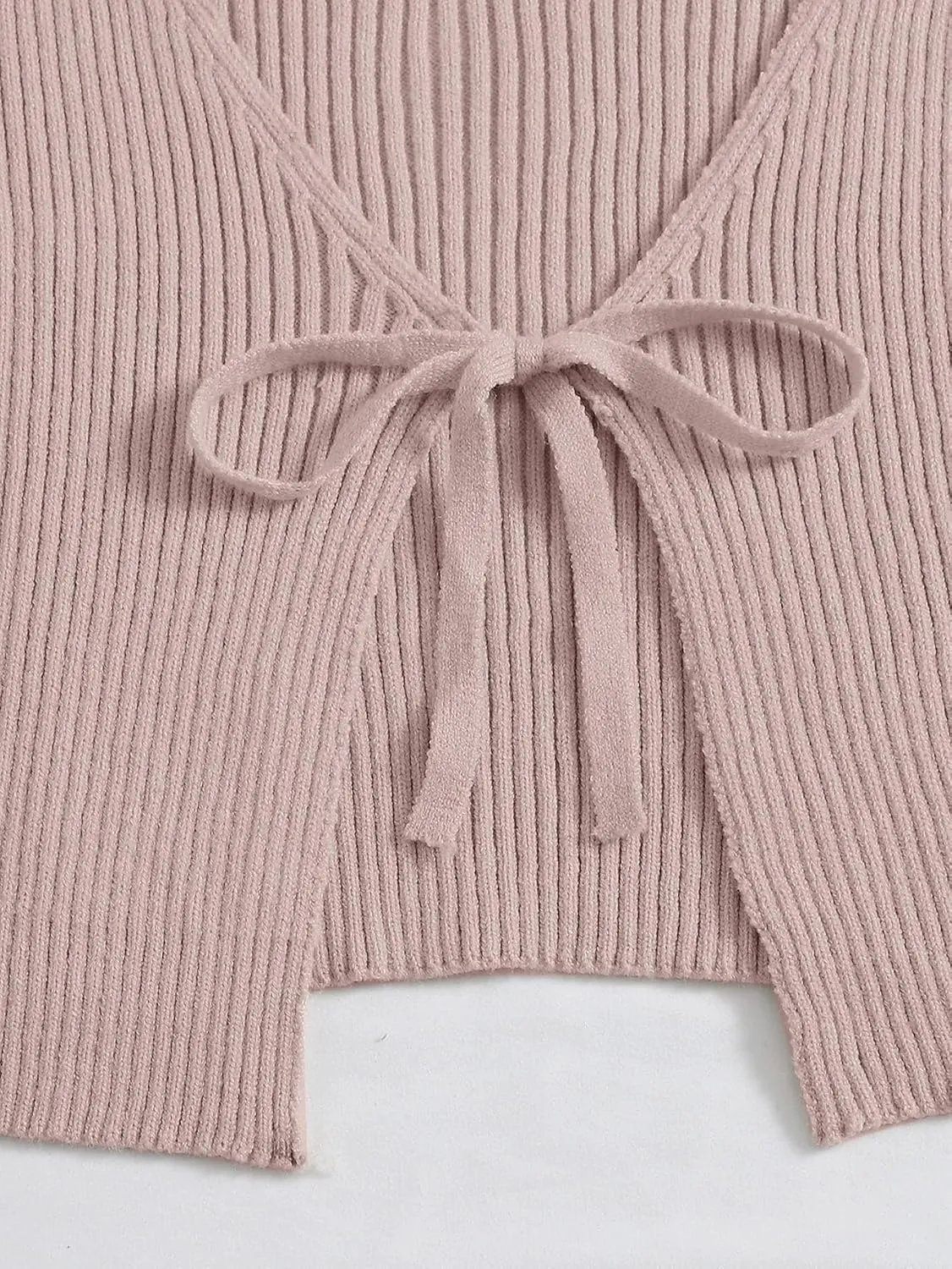 Floerns Women's Tie Front Long Sleeve Rib Knit Shrug Sweaters Cardigan Crop Top