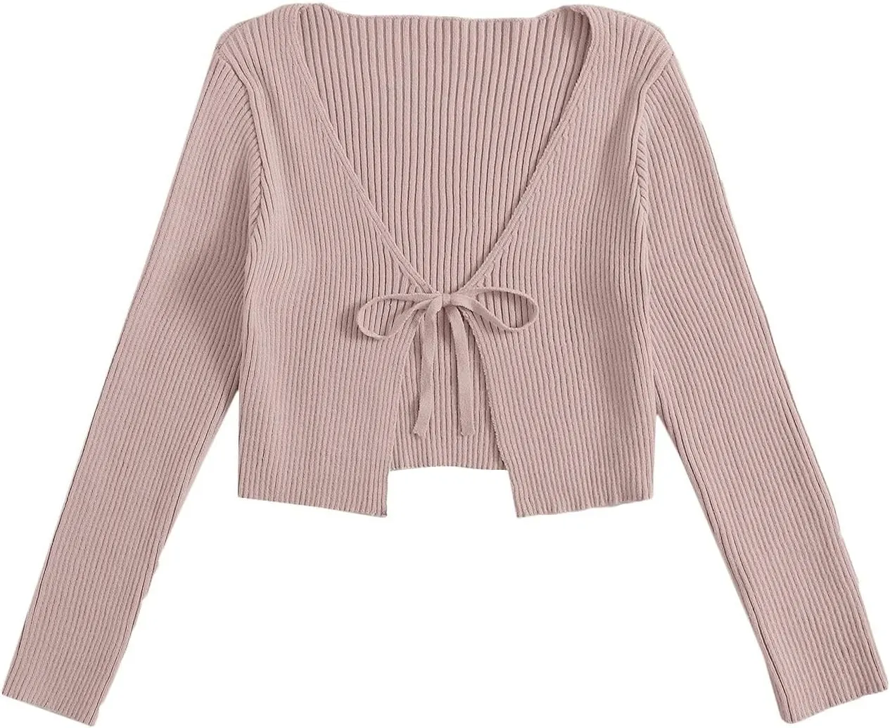 Floerns Women's Tie Front Long Sleeve Rib Knit Shrug Sweaters Cardigan Crop Top