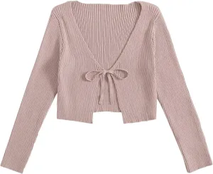 Floerns Women's Tie Front Long Sleeve Rib Knit Shrug Sweaters Cardigan Crop Top