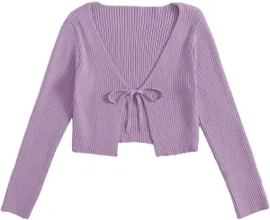 Floerns Women's Tie Front Long Sleeve Rib Knit Shrug Sweaters Cardigan Crop Top
