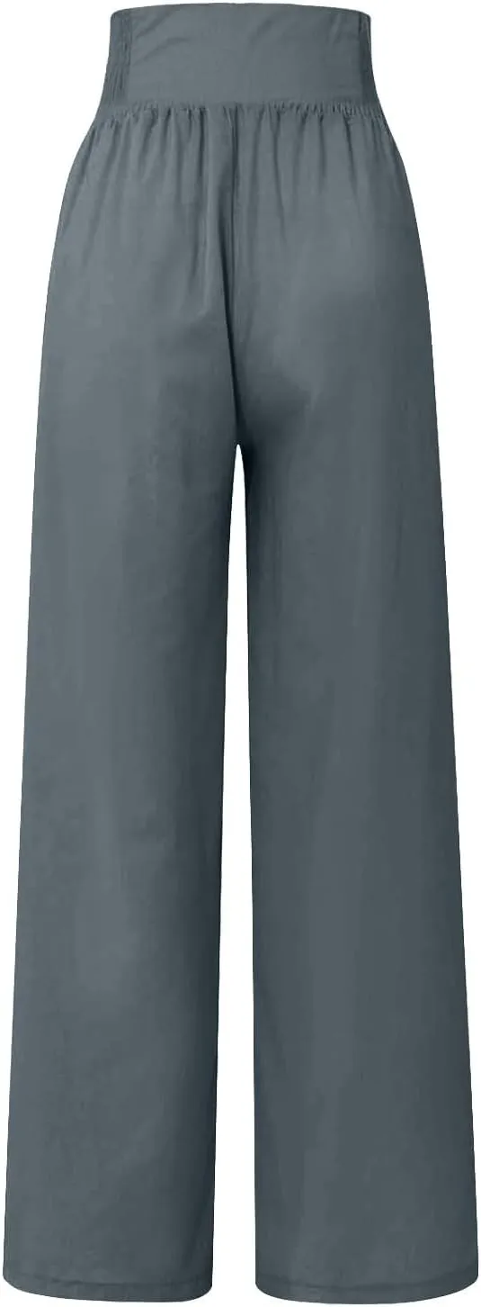Flowy Pants for Women Summer Linen Pants Womens High Waisted Wide Leg Palazzo Pants Casual Cotton Yoga Pants with Pockets