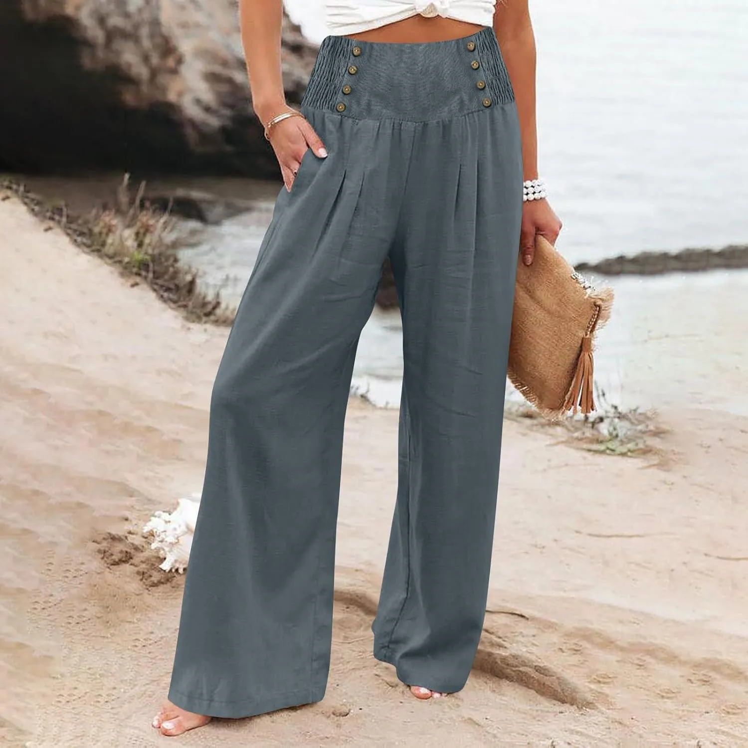 Flowy Pants for Women Summer Linen Pants Womens High Waisted Wide Leg Palazzo Pants Casual Cotton Yoga Pants with Pockets