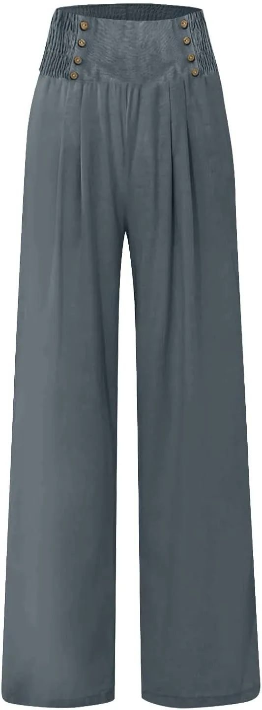 Flowy Pants for Women Summer Linen Pants Womens High Waisted Wide Leg Palazzo Pants Casual Cotton Yoga Pants with Pockets