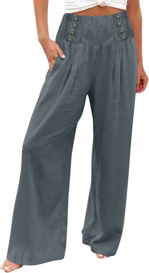 Flowy Pants for Women Summer Linen Pants Womens High Waisted Wide Leg Palazzo Pants Casual Cotton Yoga Pants with Pockets