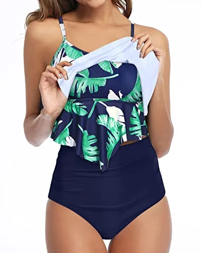 Flowy Ruffle Tankini Tops With High Waisted Bikini Bottoms For Teen Girls-Blue Leaf
