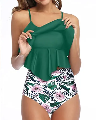Flowy Two Piece Bikini Sets With High Waisted Bottoms For Women-Green Pink Flower