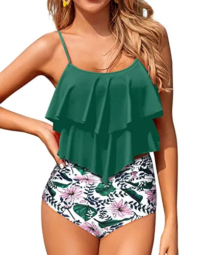 Flowy Two Piece Bikini Sets With High Waisted Bottoms For Women-Green Pink Flower