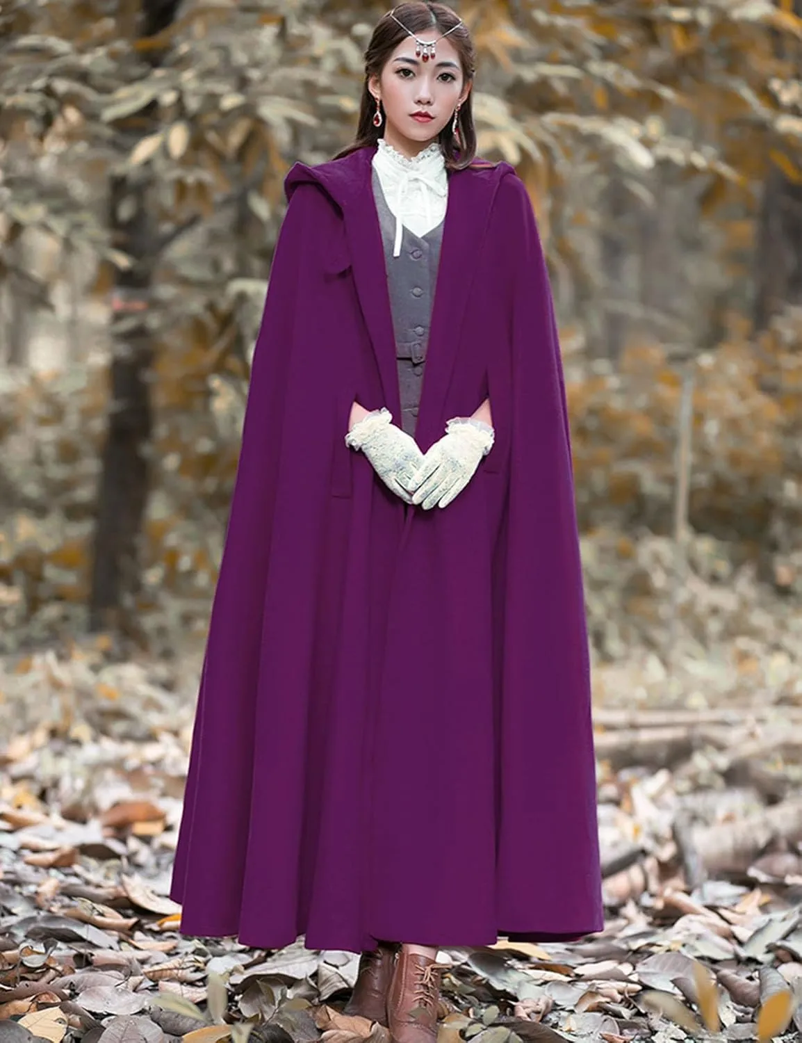 Flygo Women Wool Blend Hooded Cape Fall Winter Cloak with Hood Windproof Poncho Maxi Coat