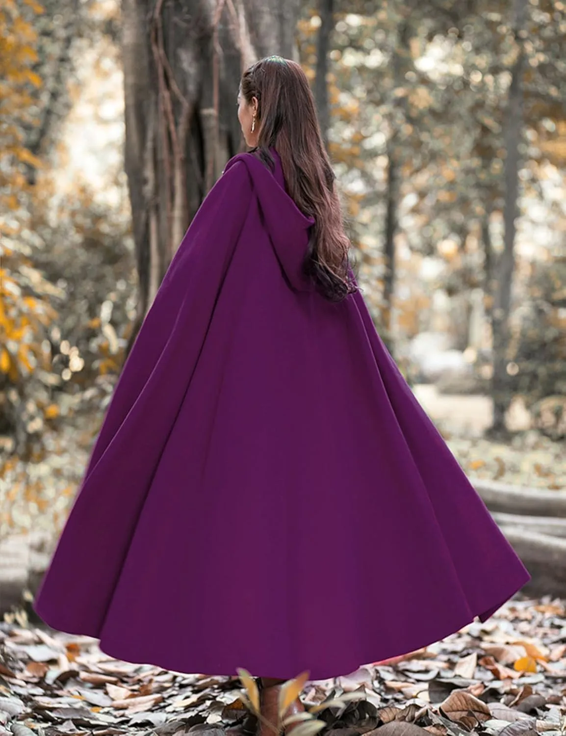 Flygo Women Wool Blend Hooded Cape Fall Winter Cloak with Hood Windproof Poncho Maxi Coat