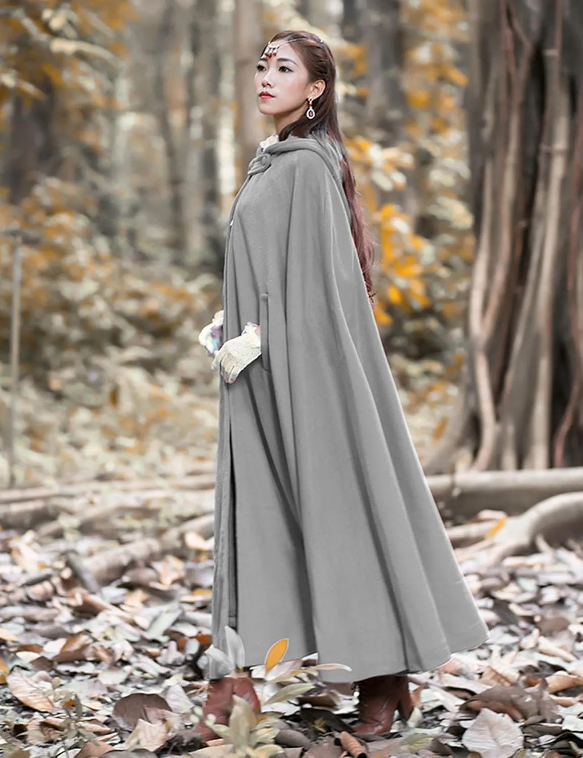 Flygo Women Wool Blend Hooded Cape Fall Winter Cloak with Hood Windproof Poncho Maxi Coat