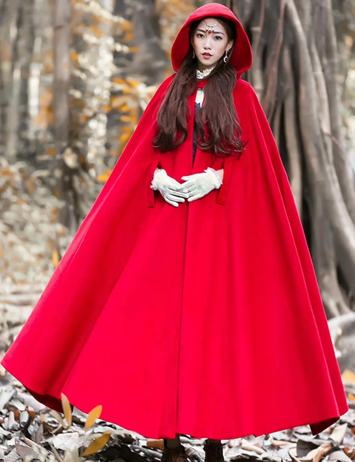 Flygo Women Wool Blend Hooded Cape Fall Winter Cloak with Hood Windproof Poncho Maxi Coat