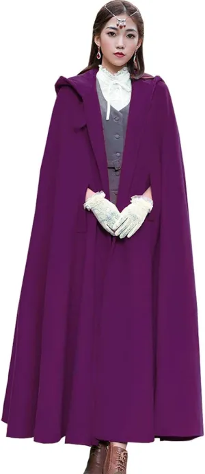 Flygo Women Wool Blend Hooded Cape Fall Winter Cloak with Hood Windproof Poncho Maxi Coat