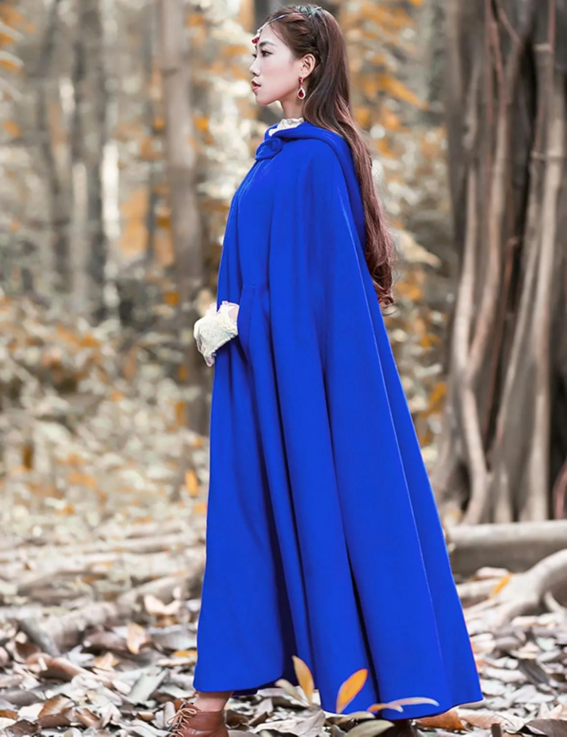 Flygo Women Wool Blend Hooded Cape Fall Winter Cloak with Hood Windproof Poncho Maxi Coat