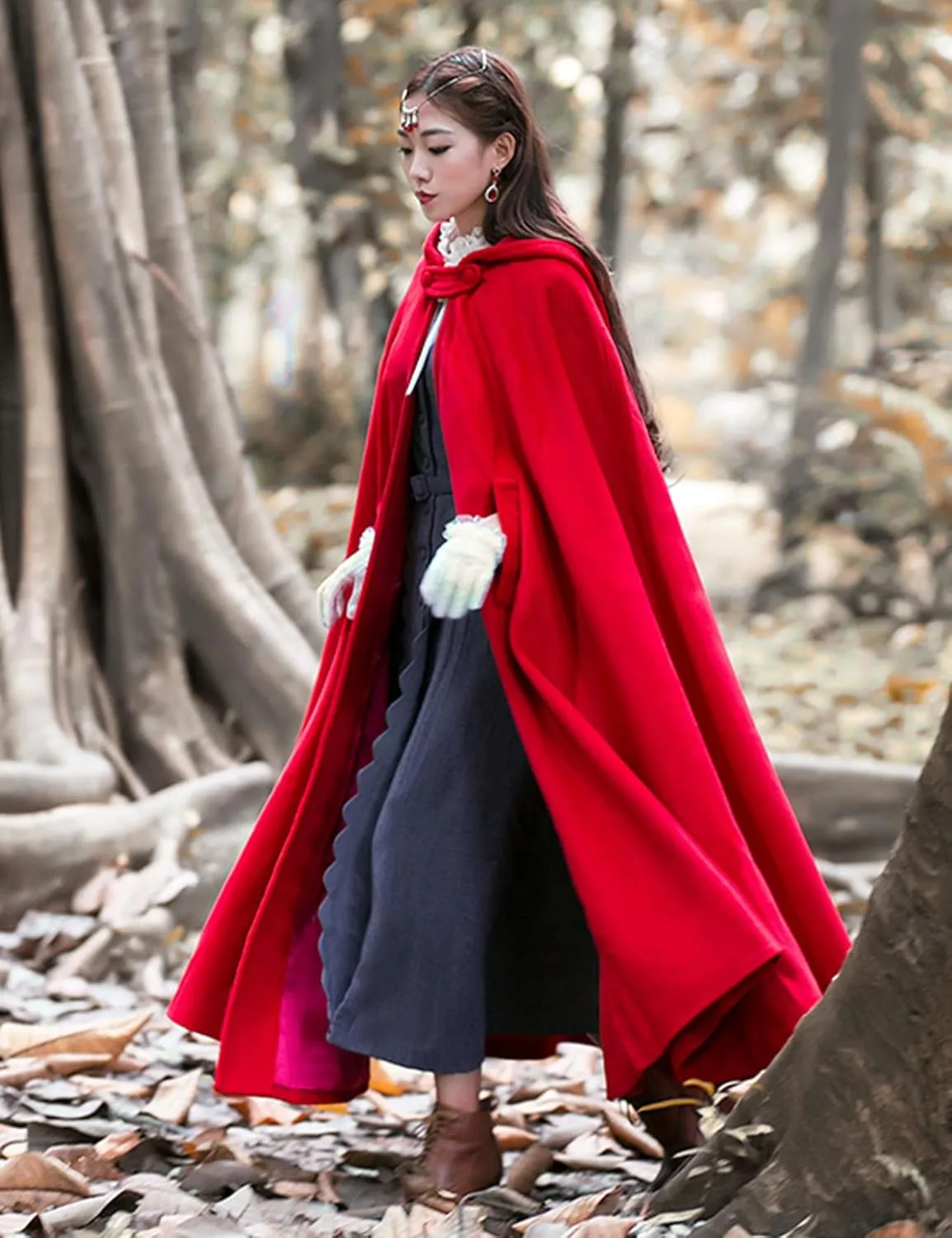 Flygo Women Wool Blend Hooded Cape Fall Winter Cloak with Hood Windproof Poncho Maxi Coat