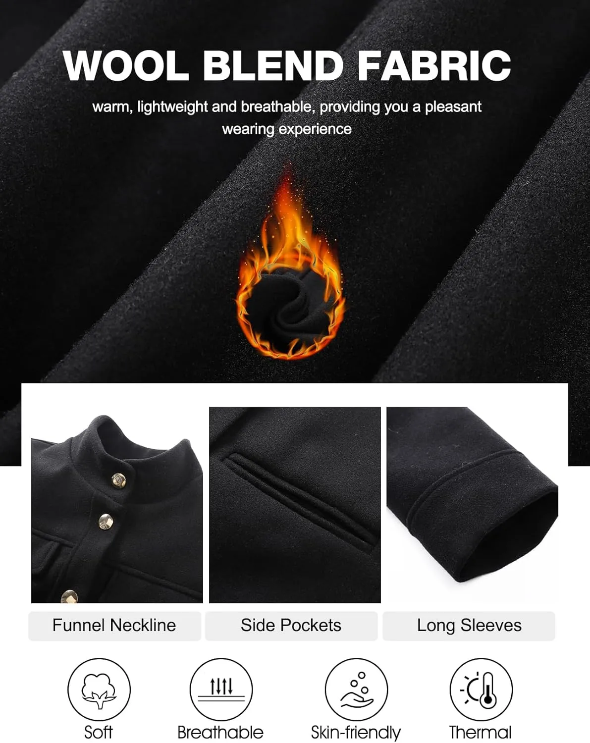 Flygo Womens Cropped Wool Blend Pea Coat Funnel Neckline Casual Button Down Peacoat Jacket with Pocket