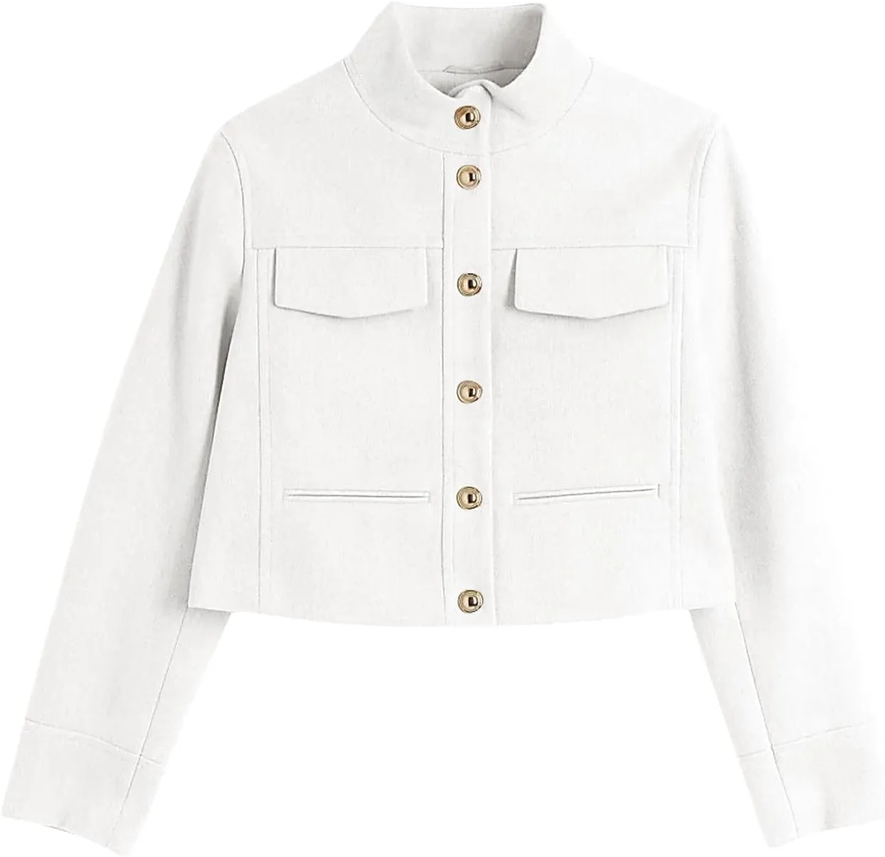 Flygo Womens Cropped Wool Blend Pea Coat Funnel Neckline Casual Button Down Peacoat Jacket with Pocket
