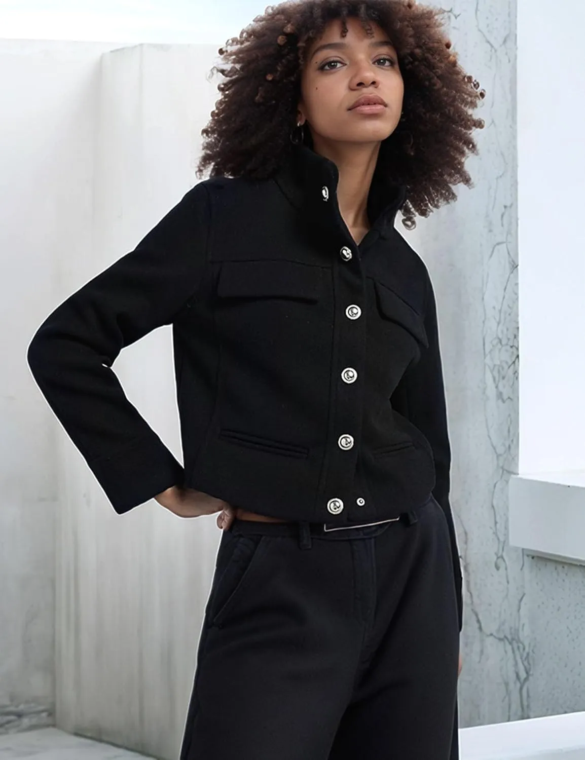 Flygo Womens Cropped Wool Blend Pea Coat Funnel Neckline Casual Button Down Peacoat Jacket with Pocket