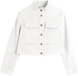 Flygo Womens Cropped Wool Blend Pea Coat Funnel Neckline Casual Button Down Peacoat Jacket with Pocket