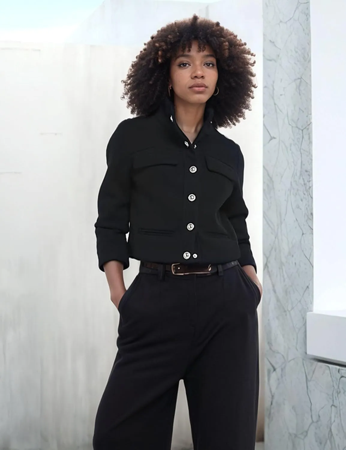 Flygo Womens Cropped Wool Blend Pea Coat Funnel Neckline Casual Button Down Peacoat Jacket with Pocket
