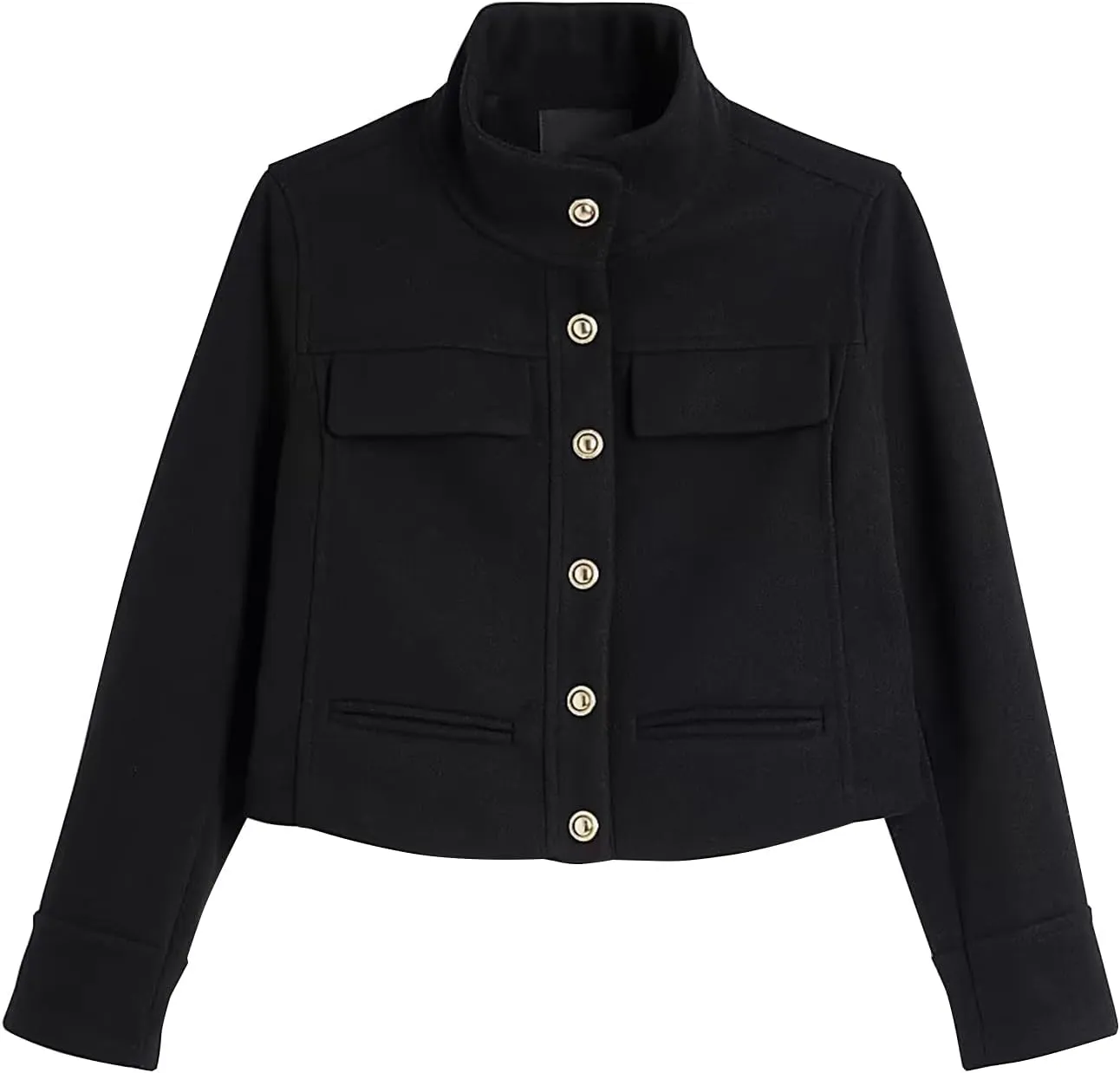 Flygo Womens Cropped Wool Blend Pea Coat Funnel Neckline Casual Button Down Peacoat Jacket with Pocket
