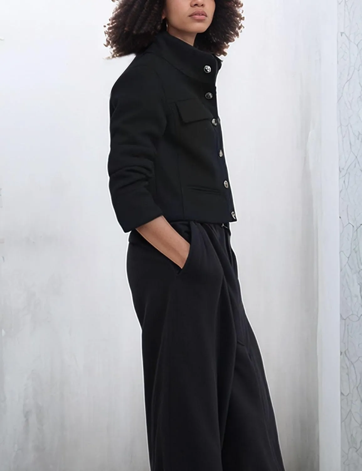 Flygo Womens Cropped Wool Blend Pea Coat Funnel Neckline Casual Button Down Peacoat Jacket with Pocket