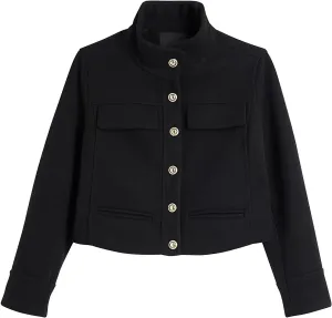 Flygo Womens Cropped Wool Blend Pea Coat Funnel Neckline Casual Button Down Peacoat Jacket with Pocket