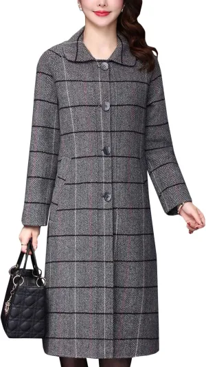 Flygo Womens Elegant Laple Single Breasted Long Plaid Wool Blend Pea Coat Trench Coat