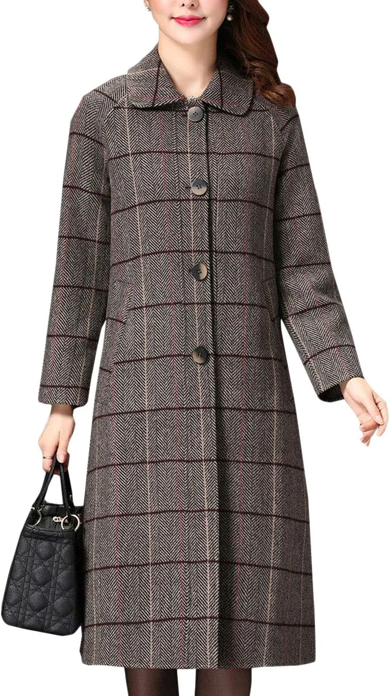 Flygo Womens Elegant Laple Single Breasted Long Plaid Wool Blend Pea Coat Trench Coat