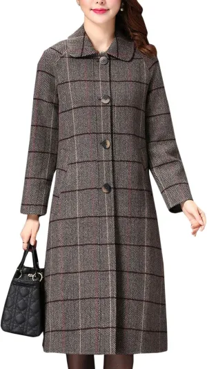 Flygo Womens Elegant Laple Single Breasted Long Plaid Wool Blend Pea Coat Trench Coat