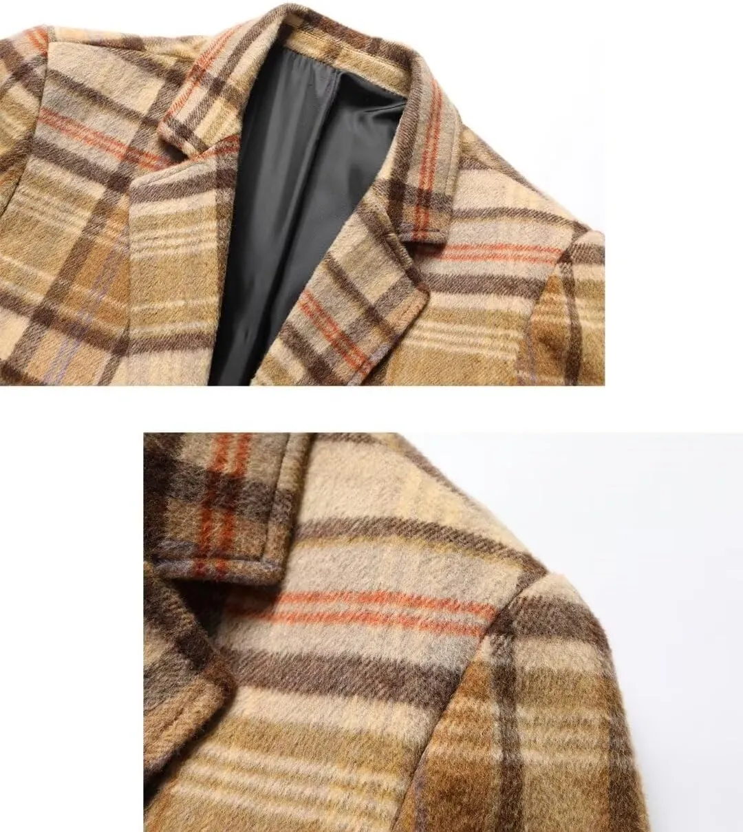 FTIMILD Mens Wool Blend Plaid Coat Warm Winter Trench Coat with Soft Scarf Single Breasted Overcoat