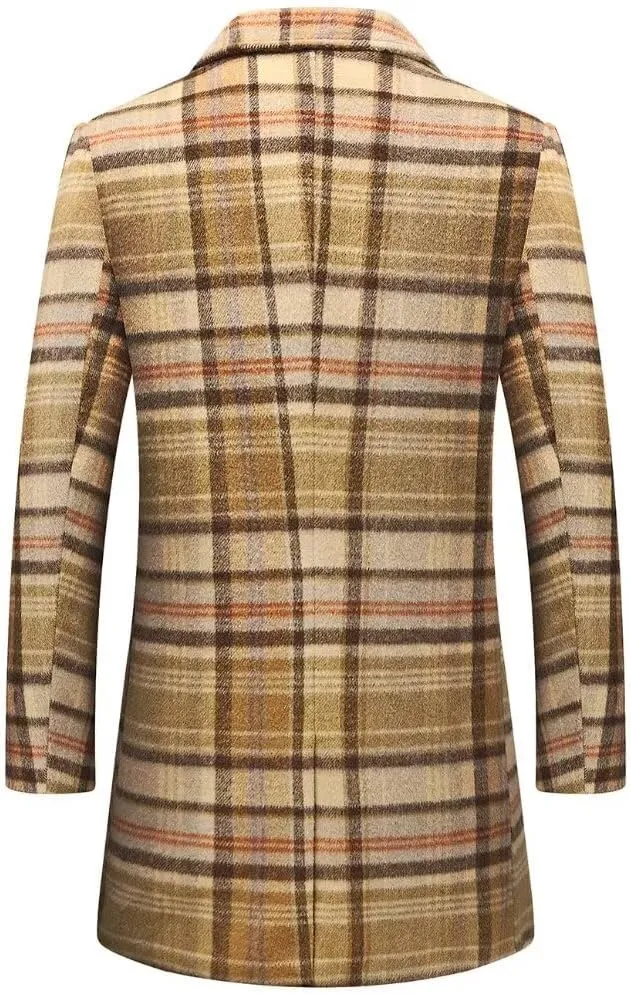 FTIMILD Mens Wool Blend Plaid Coat Warm Winter Trench Coat with Soft Scarf Single Breasted Overcoat