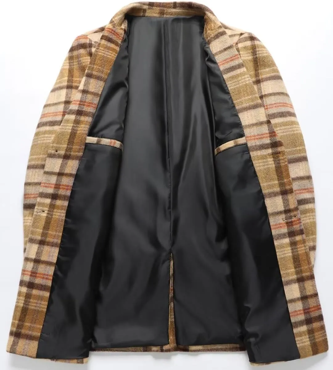 FTIMILD Mens Wool Blend Plaid Coat Warm Winter Trench Coat with Soft Scarf Single Breasted Overcoat