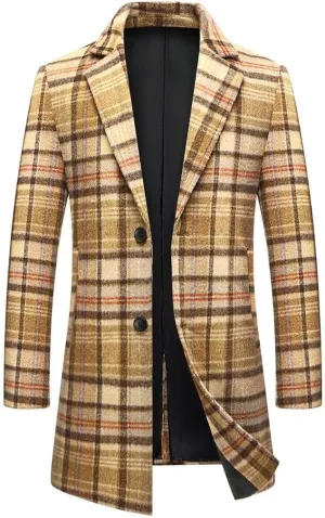 FTIMILD Mens Wool Blend Plaid Coat Warm Winter Trench Coat with Soft Scarf Single Breasted Overcoat