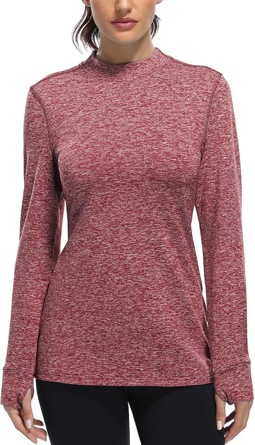 Fulbelle Womens Thermal Fleece Mock Neck Long Sleeve Running Shirts, Thumbholes Cold Weather Base Layer
