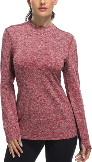Fulbelle Womens Thermal Fleece Mock Neck Long Sleeve Running Shirts, Thumbholes Cold Weather Base Layer