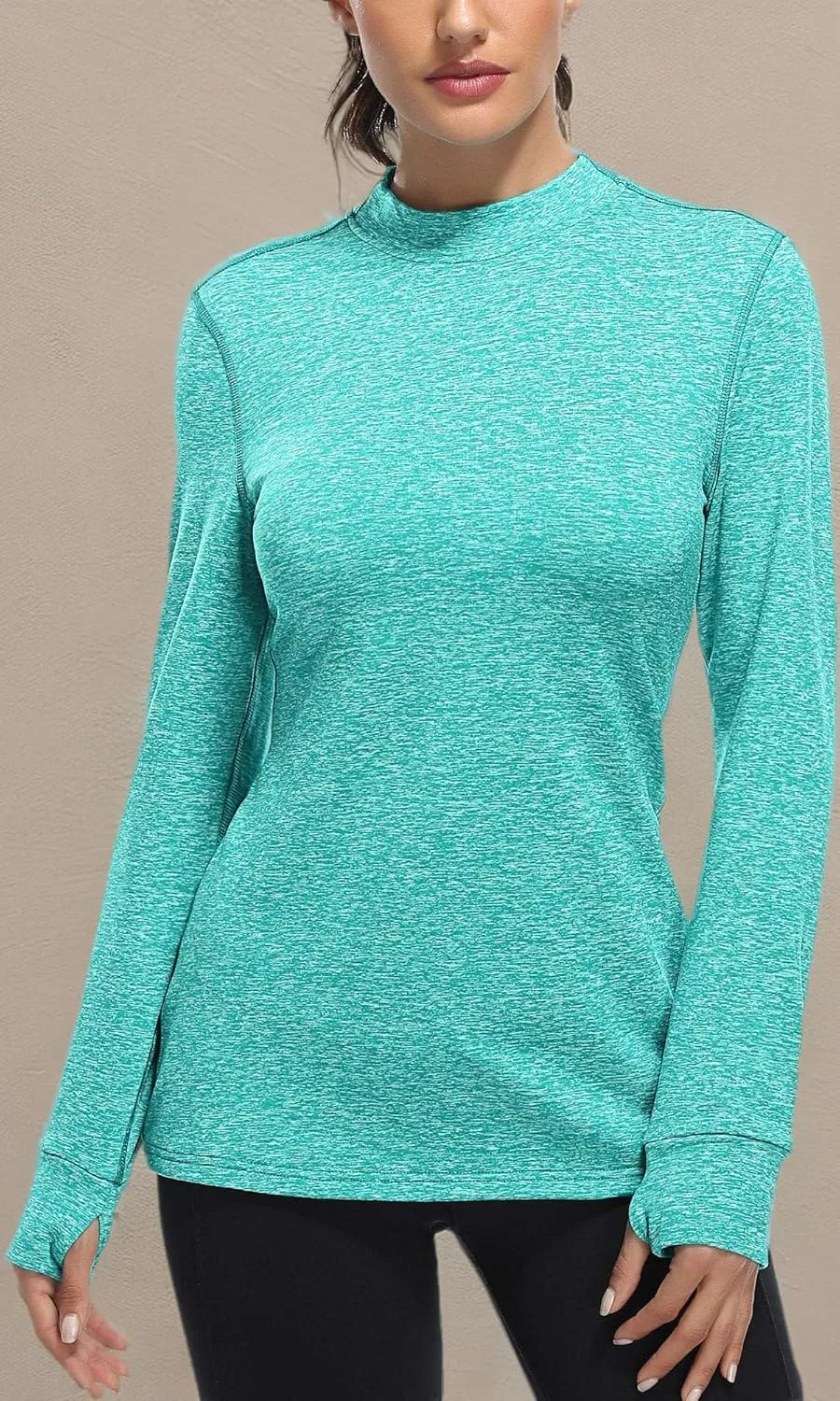 Fulbelle Womens Thermal Fleece Mock Neck Long Sleeve Running Shirts, Thumbholes Cold Weather Base Layer