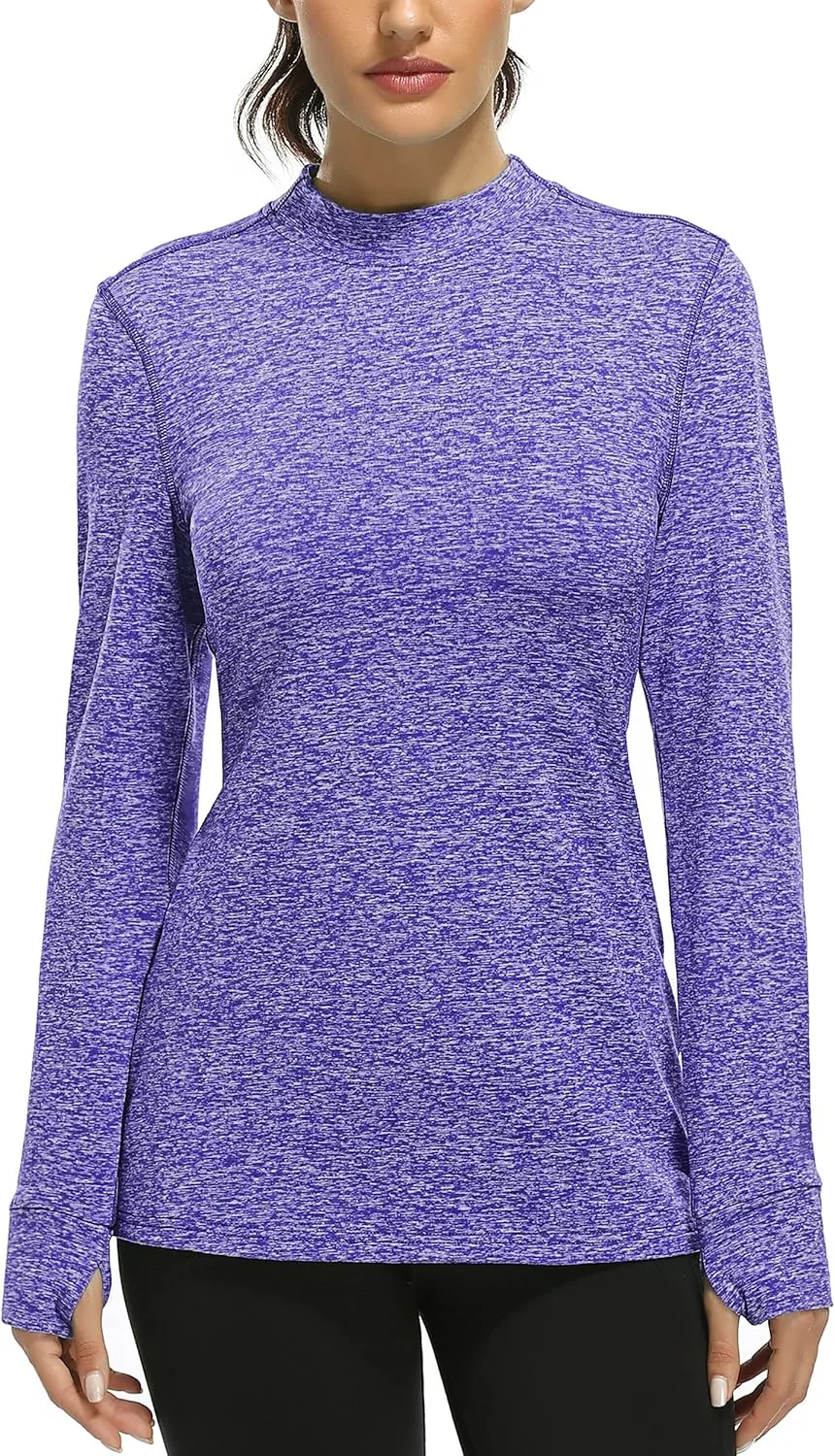Fulbelle Womens Thermal Fleece Mock Neck Long Sleeve Running Shirts, Thumbholes Cold Weather Base Layer