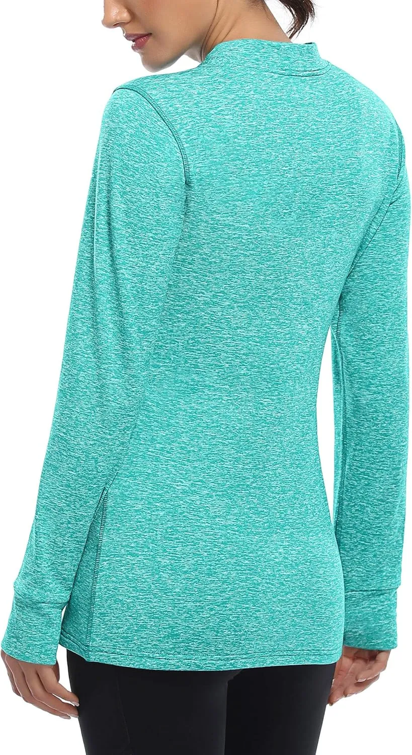 Fulbelle Womens Thermal Fleece Mock Neck Long Sleeve Running Shirts, Thumbholes Cold Weather Base Layer
