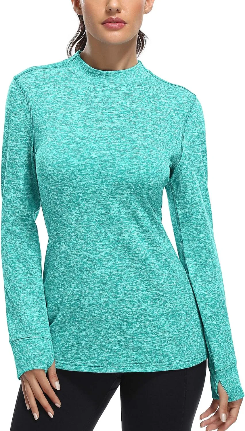 Fulbelle Womens Thermal Fleece Mock Neck Long Sleeve Running Shirts, Thumbholes Cold Weather Base Layer