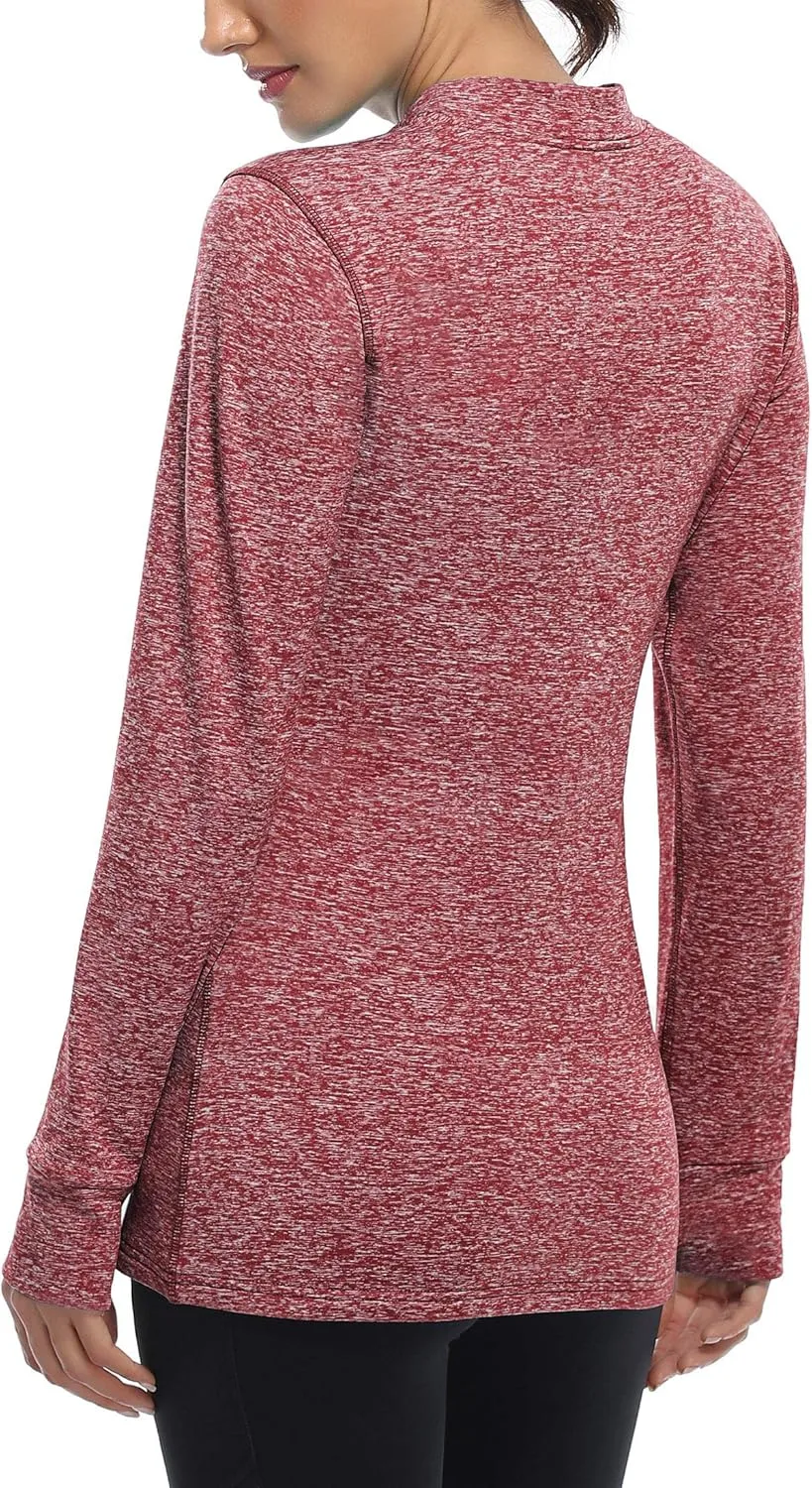 Fulbelle Womens Thermal Fleece Mock Neck Long Sleeve Running Shirts, Thumbholes Cold Weather Base Layer