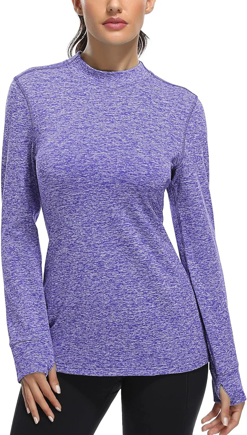 Fulbelle Womens Thermal Fleece Mock Neck Long Sleeve Running Shirts, Thumbholes Cold Weather Base Layer