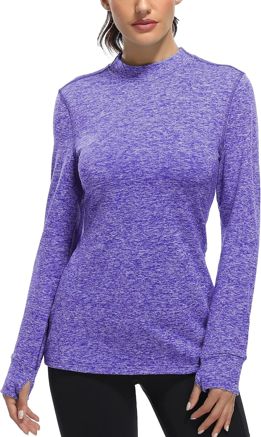 Fulbelle Womens Thermal Fleece Mock Neck Long Sleeve Running Shirts, Thumbholes Cold Weather Base Layer