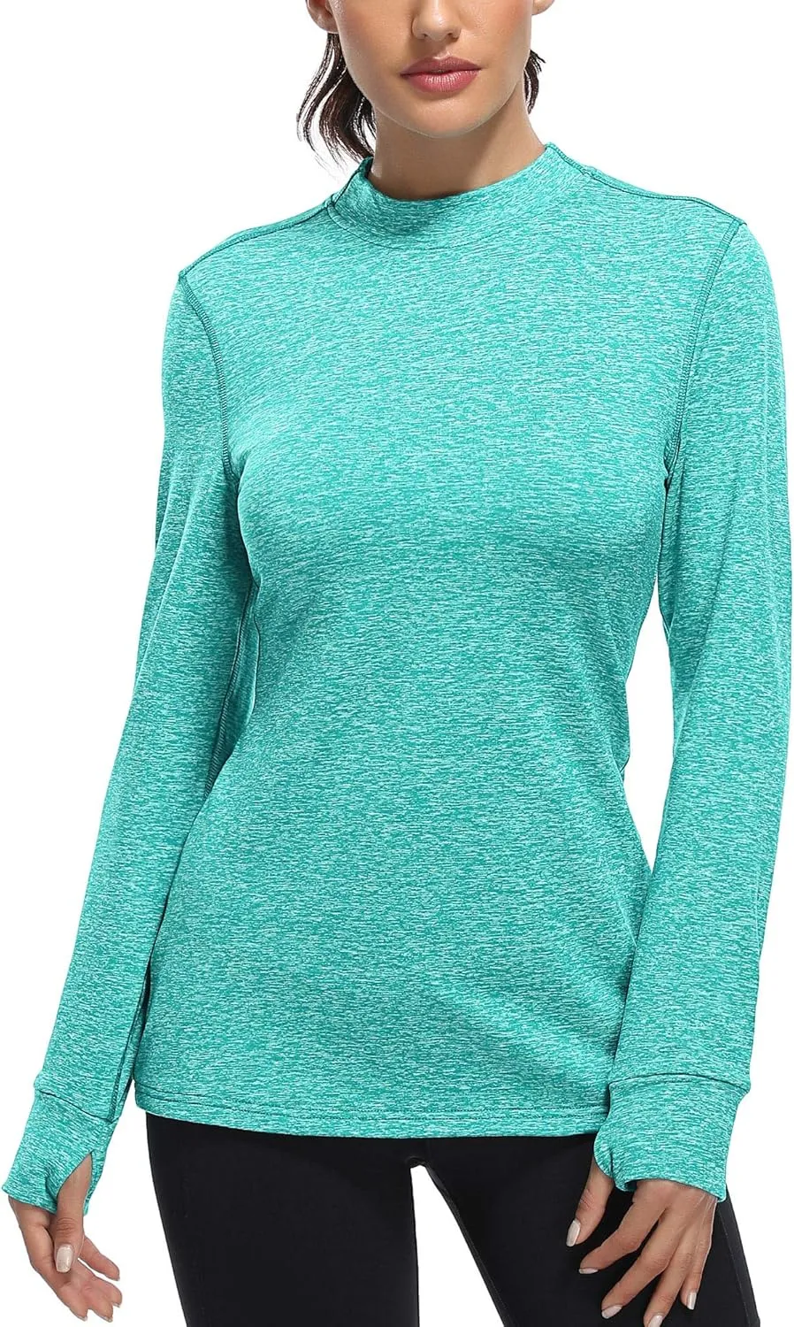 Fulbelle Womens Thermal Fleece Mock Neck Long Sleeve Running Shirts, Thumbholes Cold Weather Base Layer