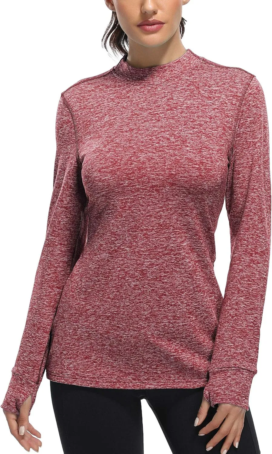 Fulbelle Womens Thermal Fleece Mock Neck Long Sleeve Running Shirts, Thumbholes Cold Weather Base Layer