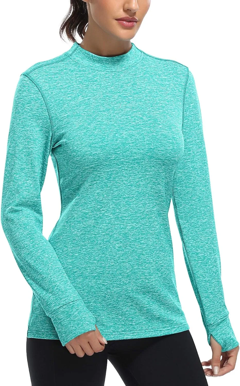 Fulbelle Womens Thermal Fleece Mock Neck Long Sleeve Running Shirts, Thumbholes Cold Weather Base Layer