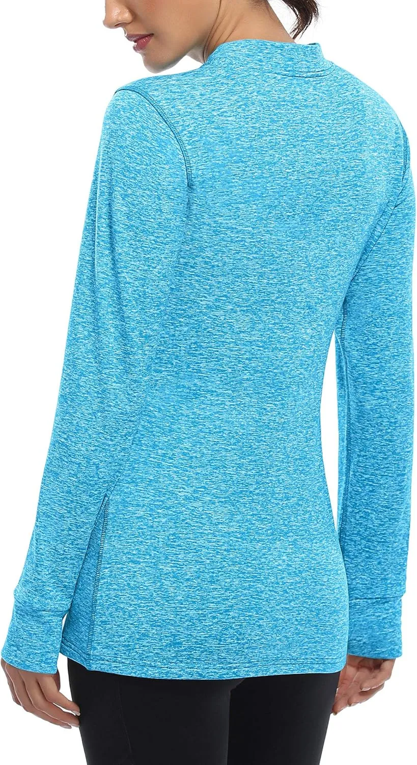 Fulbelle Womens Thermal Fleece Mock Neck Long Sleeve Running Shirts, Thumbholes Cold Weather Base Layer